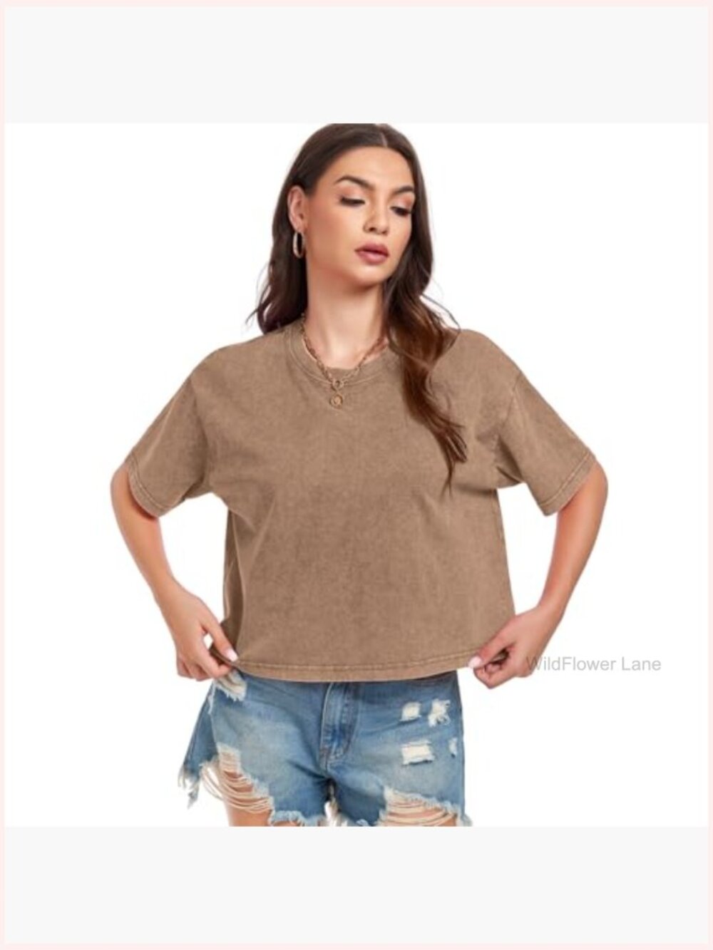 Acid Wash Cropped Tee Short Sleeve Baggy Cotton T-Shirt Vintage Basic Top - Picture 5 of 7